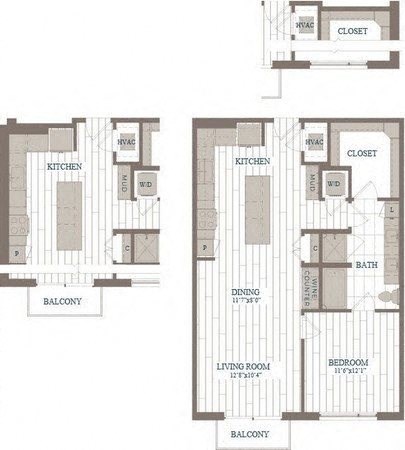 Floor plan for 1 bed, 1 bath, 912 sqft
